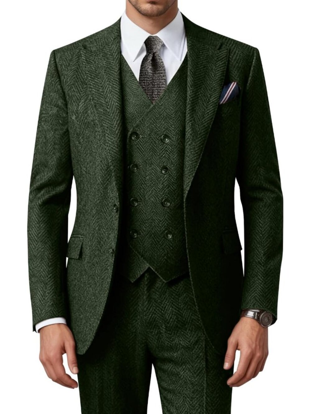 Stylish Men's Herringbone Tweed 3-Piece Suit Set - Perfect for Weddings & Events